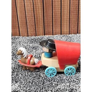 Toy Wagon Vintage Collectible Wind Up Toy Plastic Covered Horse and Driver #A92